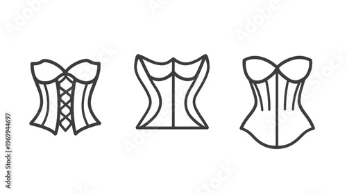 Three simple black line drawings of corsets on a white background, representing fashion or design