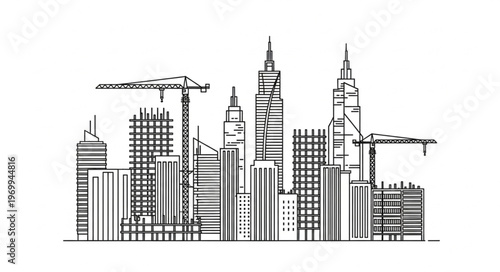 Urban skyline sketch showcasing construction cranes and modern architecture in progress.