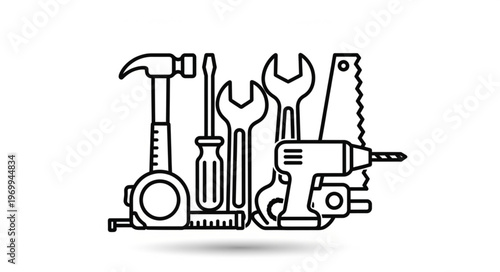 Collection of various hand tools for construction and repair work, black and white.