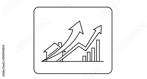 Real estate market growth represented by upward trending arrows and house icon.