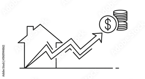 Real estate market growth represented by house and dollar sign.