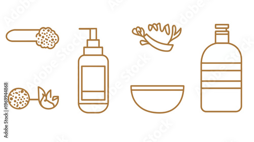 A collection of simple line art illustrations, featuring everyday items with a warm color palette