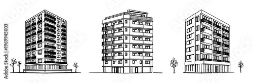 Multi-storey apartment building, office center or industrial building set with continuous line art drawing style featuring sketch, black , vecto isol