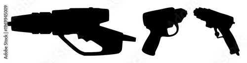 Laser rust-cleaning tool set with solid black silhouette on white background featuring industrial restoration technology, sharp technical profile with black and silver details and high contrast