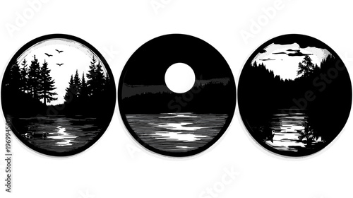 Three circular illustrations depict silhouettes of landscapes; forest, lake, sun, and birds