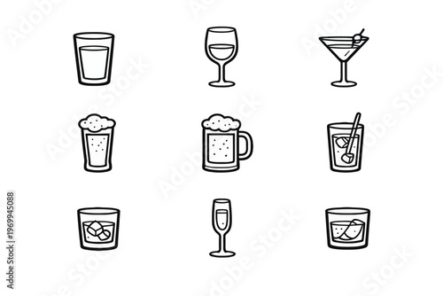 Glass Icons Set – Minimal Line Vector Drinkware Collection Isolated on Transparent Background