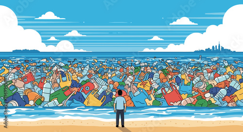 Man standing on beach facing ocean pollution problem