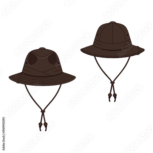 Set of Two Brown Boonie Hats with Chin Straps Vector Illustration
