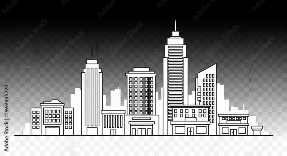 Fototapeta premium Cityscape silhouette featuring various buildings and structures against a transparent backdrop.