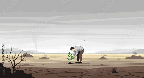 Man planting green sapling in dry cracked earth landscape