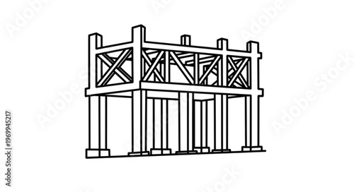 Detailed architectural illustration of a wooden structure with support beams and cross bracing.
