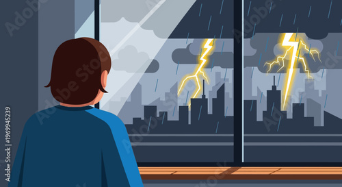 Person watching stormy cityscape with lightning