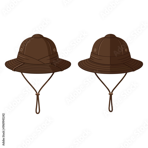 Set of Two Brown Safari Hats with Chin Straps