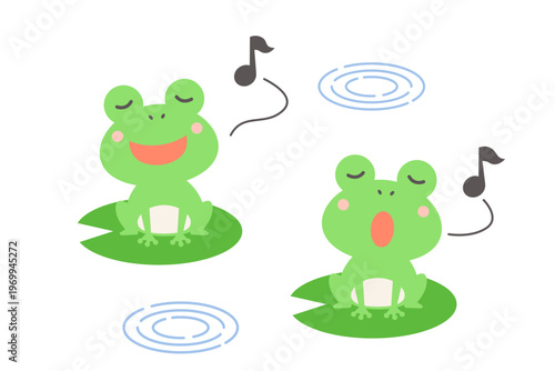 歌う2匹のかわいいカエルと波紋のベクターイラスト