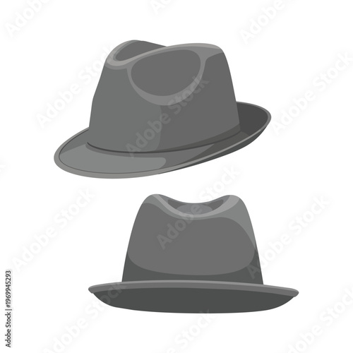 Set of Two Grey Fedora Hats in Cartoon Style