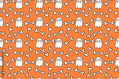 Bright seamless pattern of cute ghost and white bone on an orange background. Halloween. National holiday. For backgrounds, wallpapers, textiles, packaging or websites.