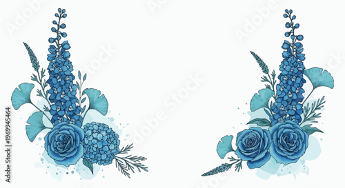 Elegant floral arrangement in teal and blue hues on white background