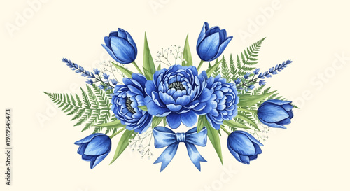 Elegant floral arrangement of blue flowers and green leaves on neutral background