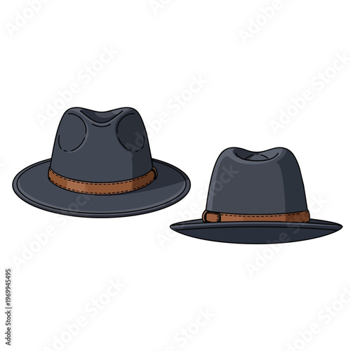 Set of Two Stylish Dark Blue Fedora Hats with Leather Bands