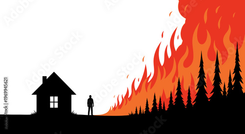 Wildfire approaching house and trees with person standing
