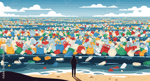 Man standing on beach facing ocean pollution problem