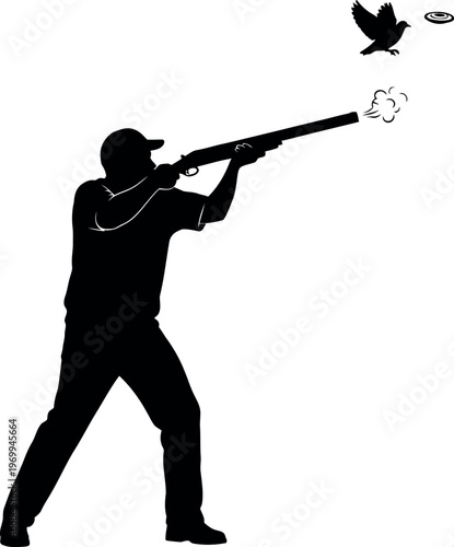 Silhouette of a man shooting a shotgun at a flying bird