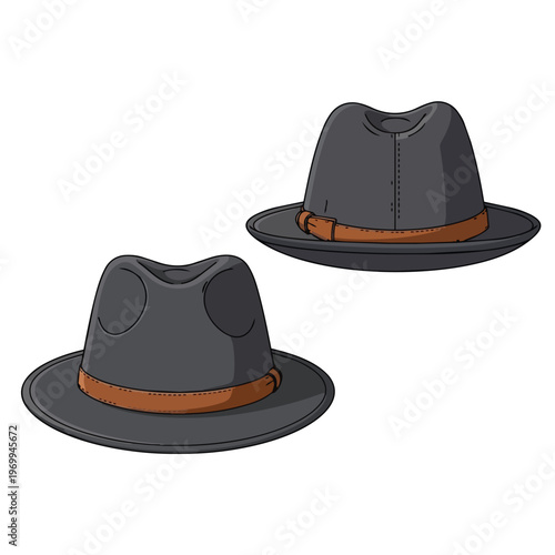Set of Two Stylish Grey Fedora Hats with Brown Bands