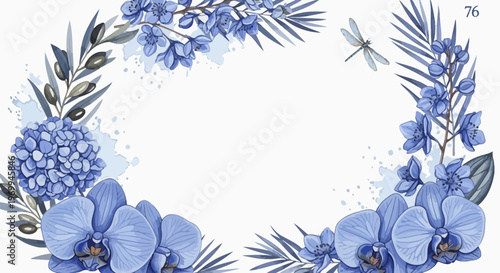 Elegant floral arrangement with blue orchids and decorative foliage on white background
