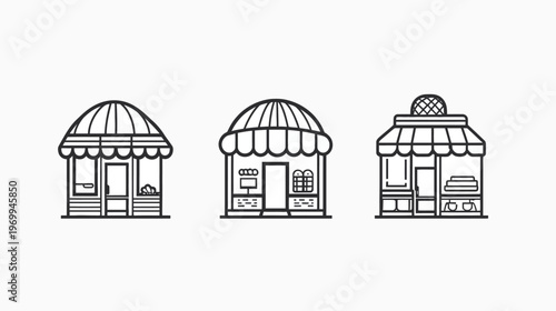 Three minimalist black and white illustrations of shopfronts with awnings on a white background