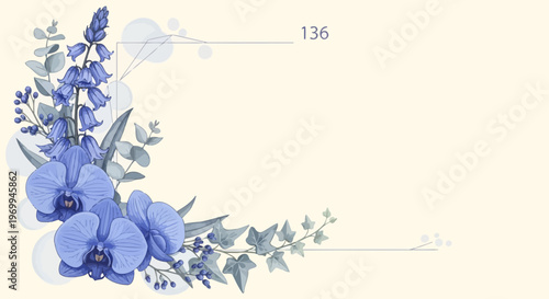 Elegant floral arrangement with blue orchids and foliage on a light background