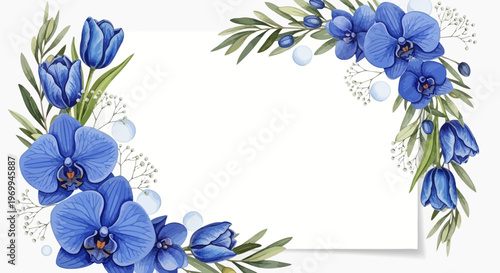 Elegant floral arrangement with blue orchids and tulips on white background