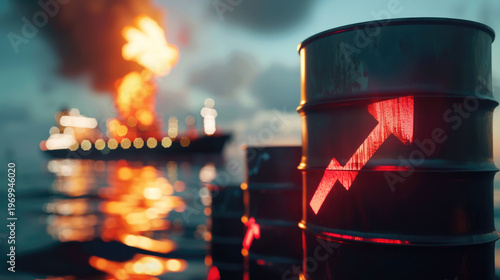 price graph of the energy market showing rising energy shortage crisis the effect from middle east conflict and oil barrels, symbolizing supply disruption.	