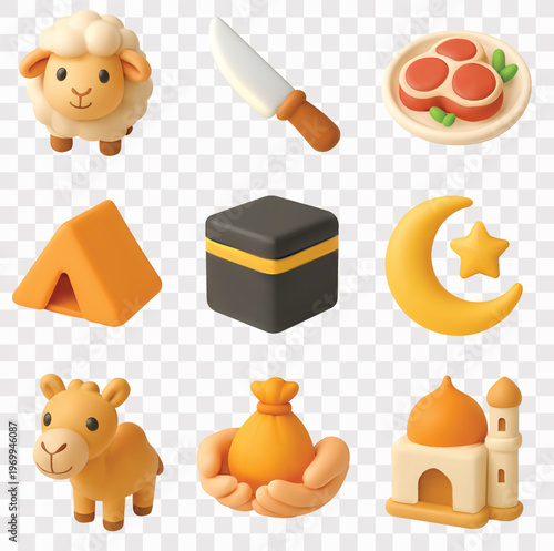 Eid al Adha or Islamic and Hajj Elements Vector Icon Set | 3D icon set | a sheep, a knife, meat on a plate, a tent, the Kaaba, a crescent moon and star, a camel, obligatory, and a mosque