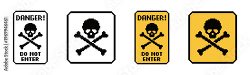Pixelated Danger Signs with Skull Icons Vector Set