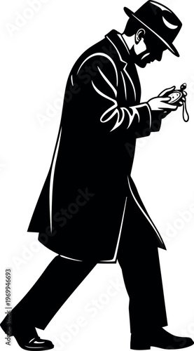 Silhouette of a man in uniform walking and looking down