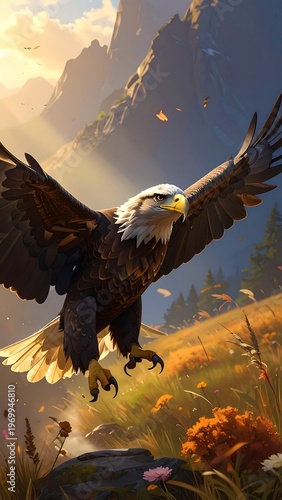 A majestic eagle soars through a mountainous landscape