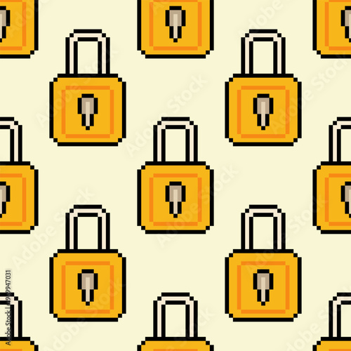 Seamless pattern with 8 bit pixel art padlock