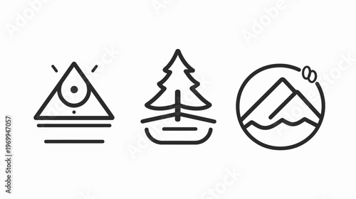 Three simple black line-art designs of a stylized eye, a tree, and a mountain range with infinity symbol