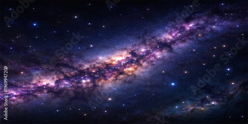 A deep blue nebula glows within the dark cosmos of this abstract universe, featuring a bright starry sky and distant planets scattered across the outer space galaxy background