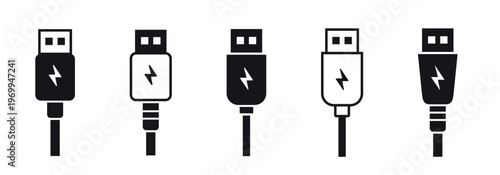 USB Charging Cables with Lightning Bolt Icons Vector Set