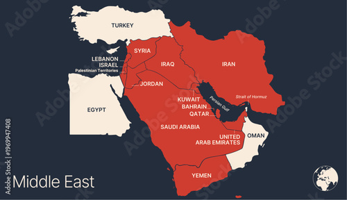 Iran war. Political middle east asia map, infographic. Detailed middle east arab asia map territory, regional nations. Global asia map middle east borders. Iran, Israel, USA war. Vector Illustration