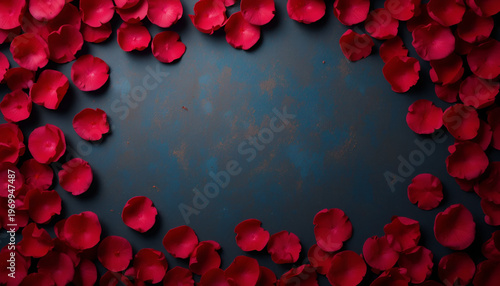A romantic arrangement of red rose petals on a dark blue background