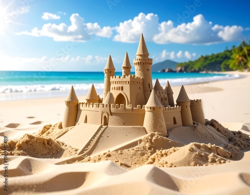 A majestic sandcastle stands on a sun-kissed beach