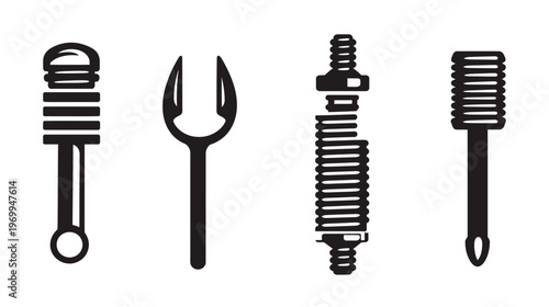 A monochrome illustration of four stylized tools, possibly for repair or construction, on a white background