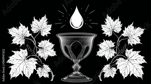 A chalice design with a water drop above it, flanked by stylized leaf branches on a black background