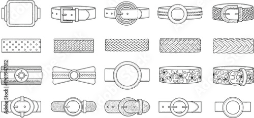 Decorative belt set vector outline, braided straps and ornamental buckles CAD drawing flat vector illustration, fashion accessory design collection