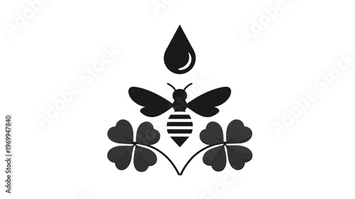 A bee, drop, and clover design, featuring a central bee, a drop above, and clovers below