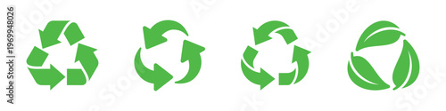 Green Recycling Symbols with Arrows and Leaves Vector Set