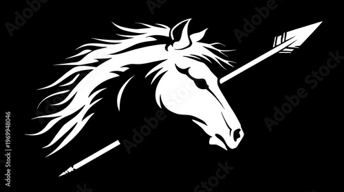 A white horse head with flowing mane pierced by an arrow against a black background