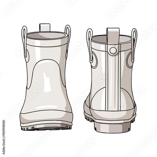 Pair of beige waterproof rubber rain boots in a flat vector illustration style